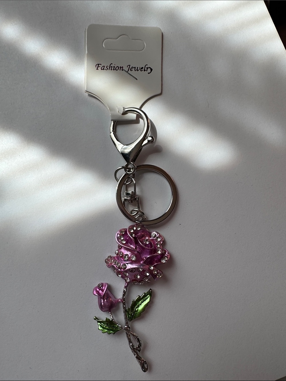 Fashion Jewelry Purple Pink Rose Crystal bag charm/Keychain with Green Leaves